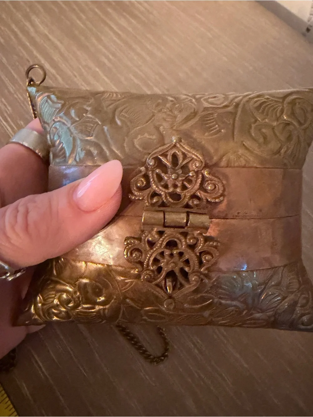 Vintage 1930s Art Deco embossed brass & copper pillow purse